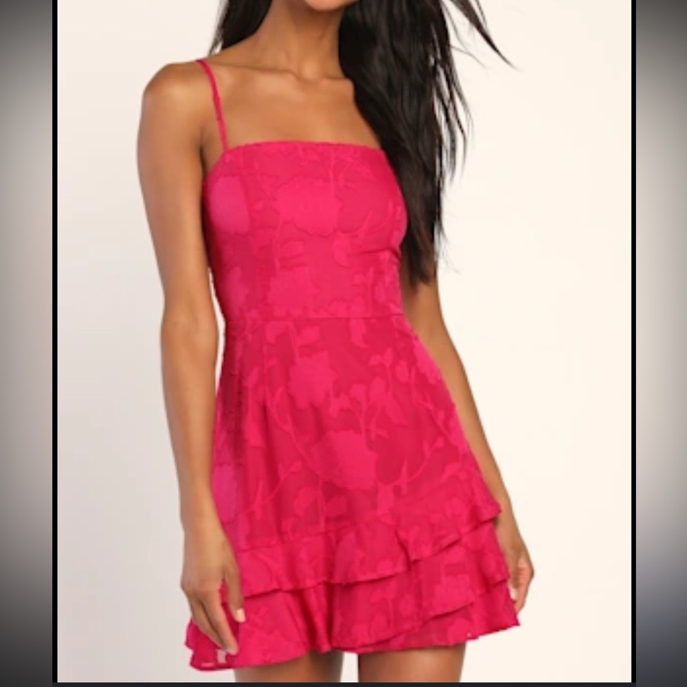 Lulus Days with You Magenta Floral Burnout Ruffled Mini Dress, Size XL NWT